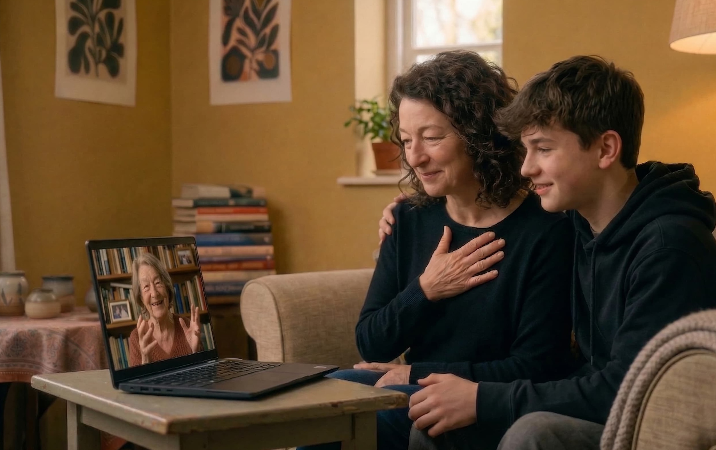 An older woman sharing her story with a family member
